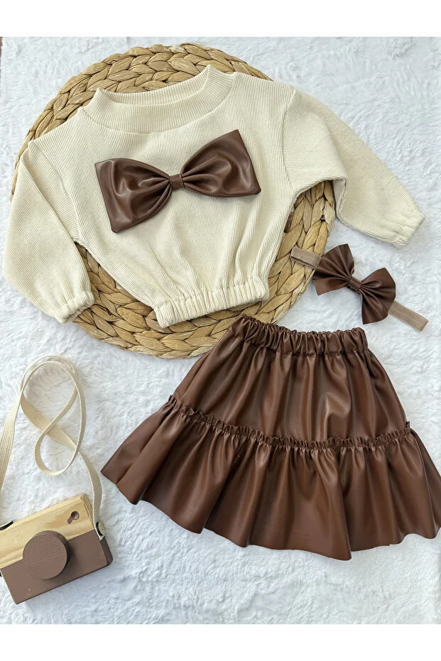 Kız Çocuk & Bebek Takımı Deri Etek Fiyonklu Badi Takımı